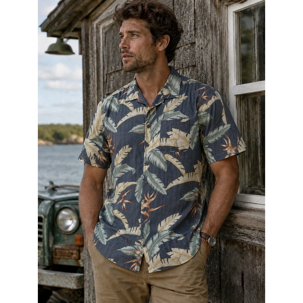 Tommy‎ Bahama Tropical Silk Shirt Men XL Grey Palm Leaf Button Up Short Sleeve